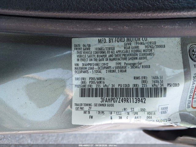 2009 Ford Fusion Se მანქანა იყიდება აუქციონზე, vin: 3FAHP07Z49R113942, აუქციონის ნომერი: 46002127