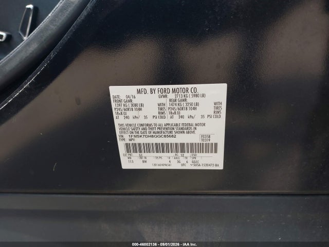 46002136 :رقم المزاد ، 1FM5K7DH8GGC85682 vin ، 2016 Ford Explorer Xlt مزاد بيع