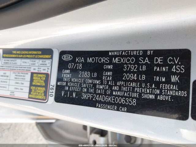 46002138 :رقم المزاد ، 3KPF24AD6KE006358 vin ، 2019 Kia Forte Lxs مزاد بيع