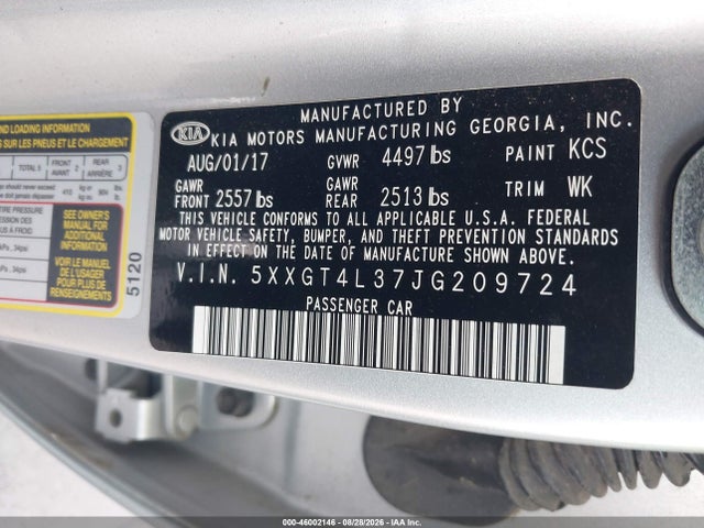 2018 Kia Optima Lx მანქანა იყიდება აუქციონზე, vin: 5XXGT4L37JG209724, აუქციონის ნომერი: 46002146
