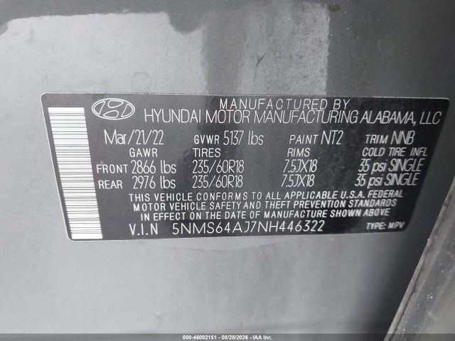 46002151 :رقم المزاد ، 5NMS64AJ7NH446322 vin ، 2022 Hyundai Santa Fe Xrt مزاد بيع