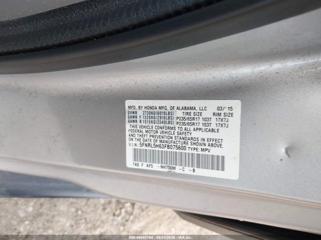 Продаж на аукціоні авто 2015 Honda Odyssey Ex-l, vin: 5FNRL5H63FB075600, номер лоту: 46002164