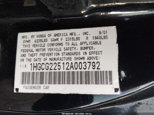 Aukcja sprzedaży 2002 Honda Accord 3.0 Ex, vin: 1HGCG22512A003792, numer aukcji: 46002168