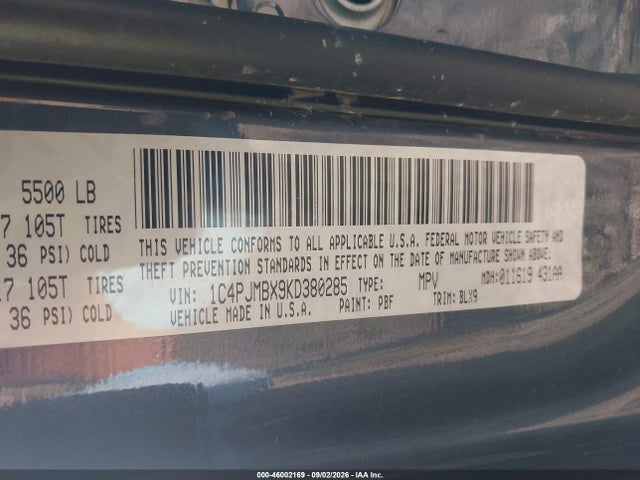46002169 :رقم المزاد ، 1C4PJMBX9KD380285 vin ، 2019 Jeep Cherokee Trailhawk Elite 4x4 مزاد بيع