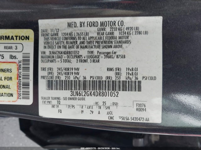 Aukcja sprzedaży 2013 Lincoln Mkz, vin: 3LN6L2GK4DR801052, numer aukcji: 46002178