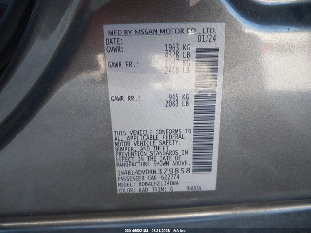 46002183 :رقم المزاد ، 1N4BL4DV0RN379858 vin ، 2024 Nissan Altima Sv Fwd مزاد بيع