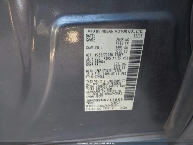 Aukcja sprzedaży 2017 Nissan Frontier Sv, vin: 1N6AD0EV4HN713685, numer aukcji: 46002190