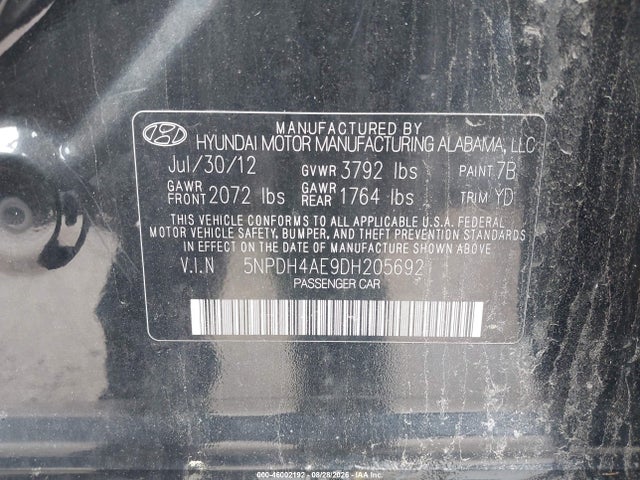 2013 Hyundai Elantra Gls მანქანა იყიდება აუქციონზე, vin: 5NPDH4AE9DH205692, აუქციონის ნომერი: 46002192