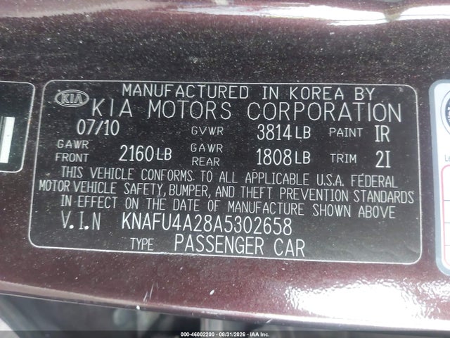2010 Kia Forte Ex მანქანა იყიდება აუქციონზე, vin: KNAFU4A28A5302658, აუქციონის ნომერი: 46002200