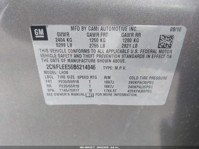 46002217 :رقم المزاد ، 2CNFLEE56B6214046 vin ، 2011 Chevrolet Equinox 1lt مزاد بيع