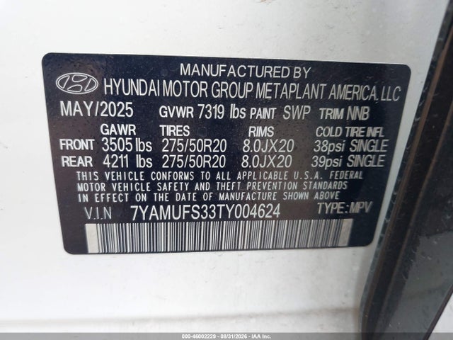 Продаж на аукціоні авто 2026 Hyundai Ioniq 9 Sel, vin: 7YAMUFS33TY004624, номер лоту: 46002229