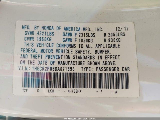 2013 Honda Accord Ex-l მანქანა იყიდება აუქციონზე, vin: 1HGCR2F86DA071698, აუქციონის ნომერი: 46002268