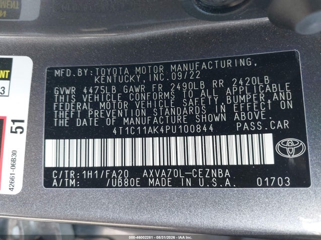 46002281 :رقم المزاد ، 4T1C11AK4PU100844 vin ، 2023 Toyota Camry Le مزاد بيع