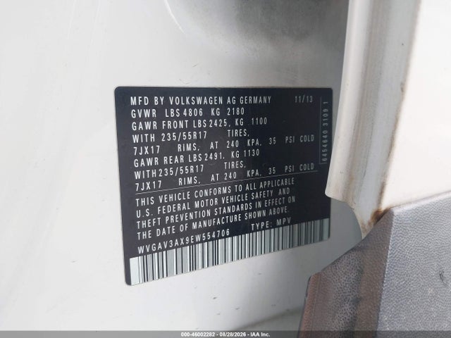 Aukcja sprzedaży 2014 Volkswagen Tiguan Se, vin: WVGAV3AX9EW554706, numer aukcji: 46002282