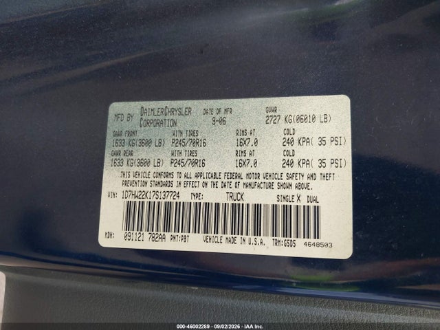 46002289 :رقم المزاد ، 1D7HW22K17S137724 vin ، 2007 Dodge Dakota St مزاد بيع