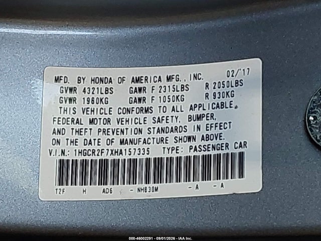 46002291 :رقم المزاد ، 1HGCR2F7XHA157335 vin ، 2017 Honda Accord Ex مزاد بيع