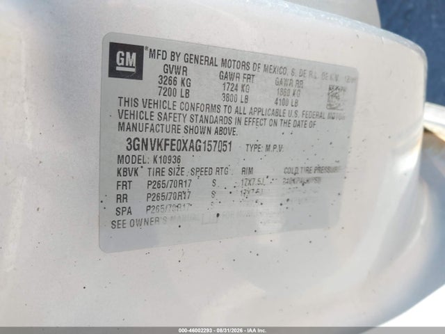 46002293 :رقم المزاد ، 3GNVKFE0XAG157051 vin ، 2010 Chevrolet Avalanche 1500 Lt1 مزاد بيع