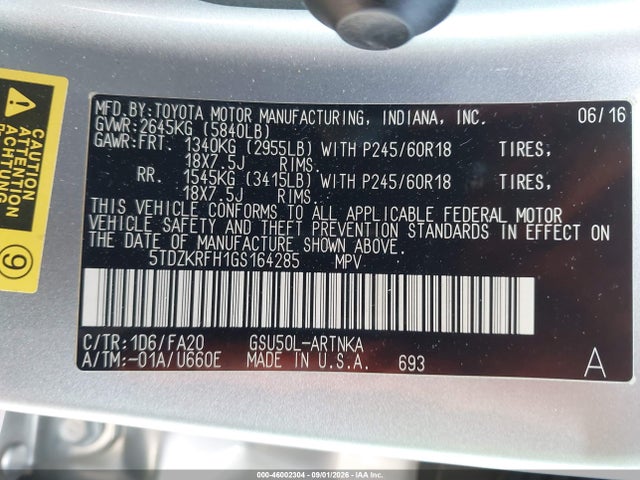 Toyota Highlander Le Plus V6 2016 5TDZKRFH1GS164285 Image 9