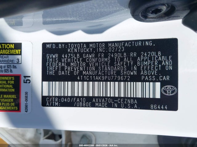 Aukcja sprzedaży 2023 Toyota Camry Le, vin: 4T1C11AK9PU779672, numer aukcji: 46002306