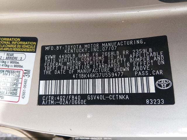 Продажа на аукционе авто 2007 Toyota Camry Le V6, vin: 4T1BK46K37U559477, номер лота: 46002308