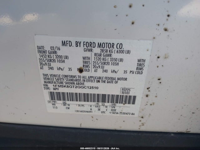 Продаж на аукціоні авто 2016 Ford Explorer Sport, vin: 1FM5K8GT2GGC12510, номер лоту: 46002310