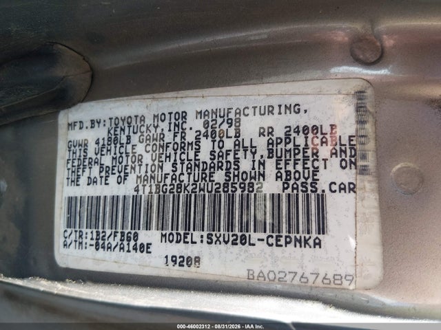 Aukcja sprzedaży 1998 Toyota Camry Le, vin: 4T1BG28K2WU285982, numer aukcji: 46002312