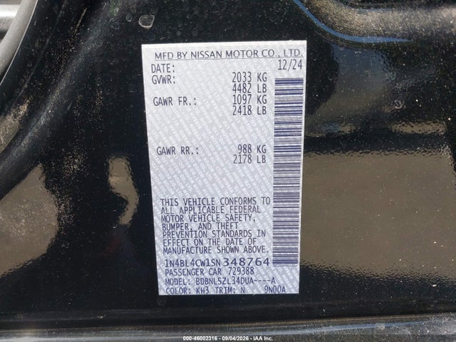 2025 Nissan Altima Sr Awd მანქანა იყიდება აუქციონზე, vin: 1N4BL4CW1SN348764, აუქციონის ნომერი: 46002316