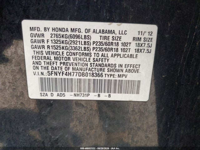 Продажа на аукционе авто 2013 Honda Pilot Ex-l, vin: 5FNYF4H77DB018366, номер лота: 46002322