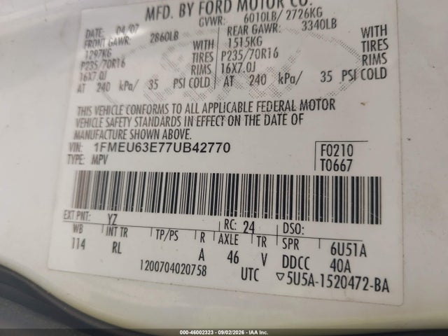 46002323 :رقم المزاد ، 1FMEU63E77UB42770 vin ، 2007 Ford Explorer Xlt مزاد بيع