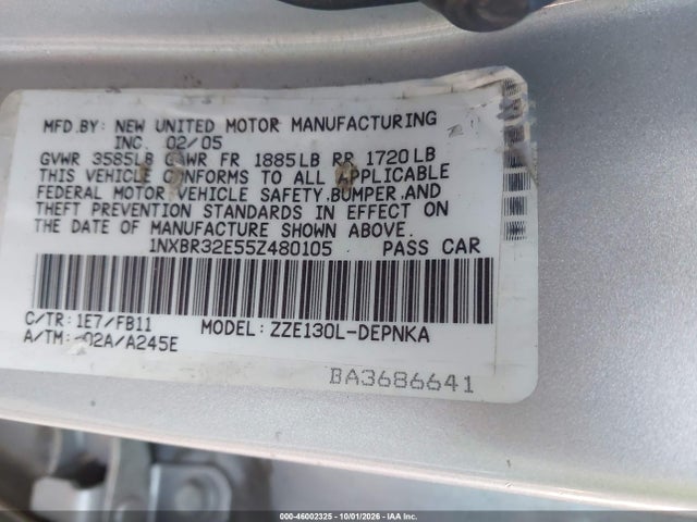 Aukcja sprzedaży 2005 Toyota Corolla Le, vin: 1NXBR32E55Z480105, numer aukcji: 46002325