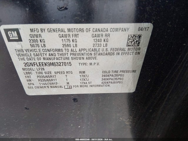 Aukcja sprzedaży 2017 Chevrolet Equinox Ls, vin: 2GNFLEEK9H6327015, numer aukcji: 46002346