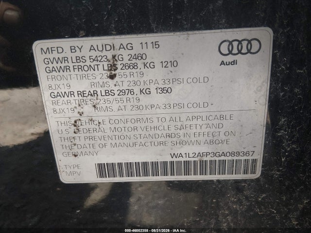 Aukcja sprzedaży 2016 Audi Q5 2.0t Premium, vin: WA1L2AFP3GA089367, numer aukcji: 46002358