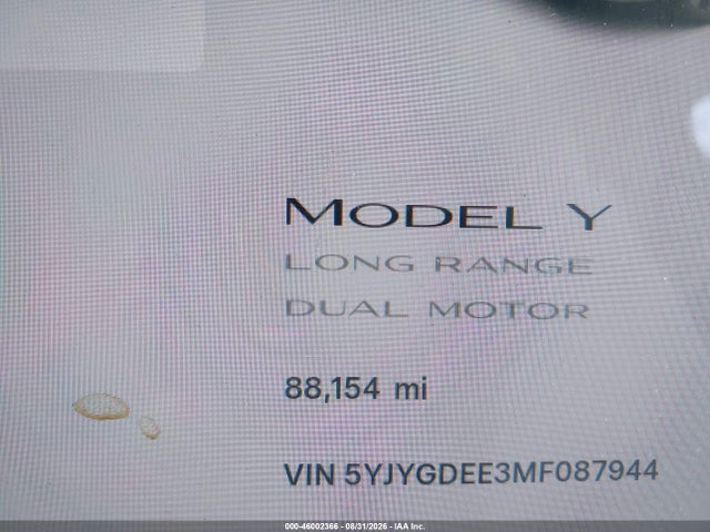 Aukcja sprzedaży 2021 Tesla Model Y Long Range Dual Motor All-wheel Drive, vin: 5YJYGDEE3MF087944, numer aukcji: 46002366