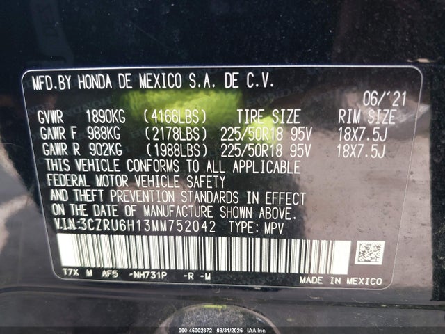 2021 Honda Hr-v Awd Sport მანქანა იყიდება აუქციონზე, vin: 3CZRU6H13MM752042, აუქციონის ნომერი: 46002372