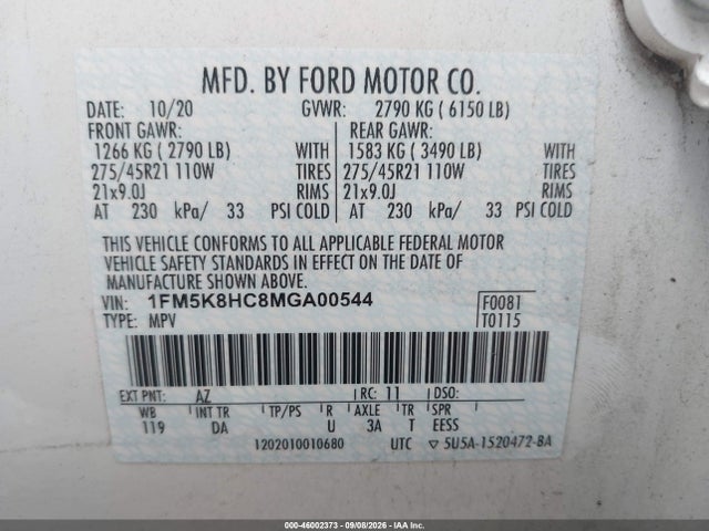 Aukcja sprzedaży 2021 Ford Explorer Platinum, vin: 1FM5K8HC8MGA00544, numer aukcji: 46002373