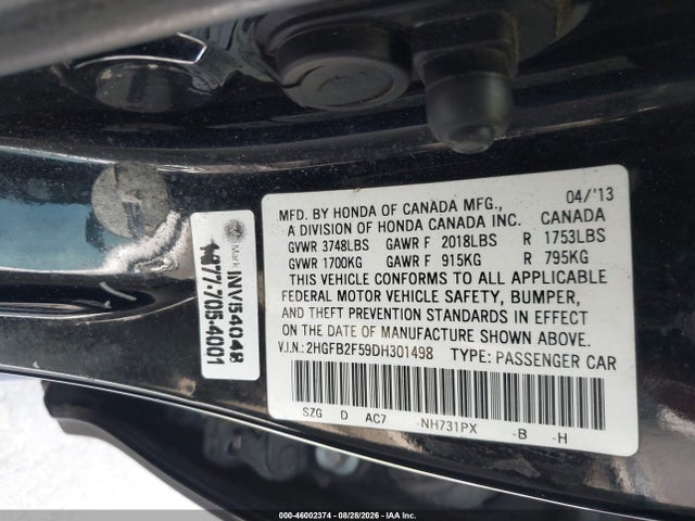 Продажа на аукционе авто 2013 Honda Civic Lx, vin: 2HGFB2F59DH301498, номер лота: 46002374