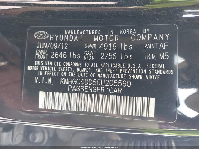 2012 Hyundai Genesis 3.8 მანქანა იყიდება აუქციონზე, vin: KMHGC4DD5CU205560, აუქციონის ნომერი: 46002384