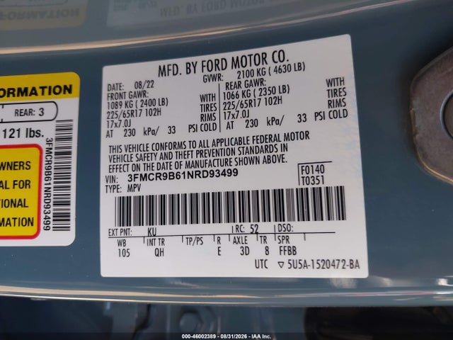 46002389 :رقم المزاد ، 3FMCR9B61NRD93499 vin ، 2022 Ford Bronco Sport Big Bend مزاد بيع