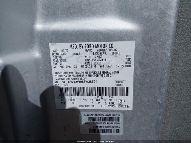 Продажа на аукционе авто 2008 Ford F-150 Xlt, vin: 1FTRW12W98FA28594, номер лота: 46002401