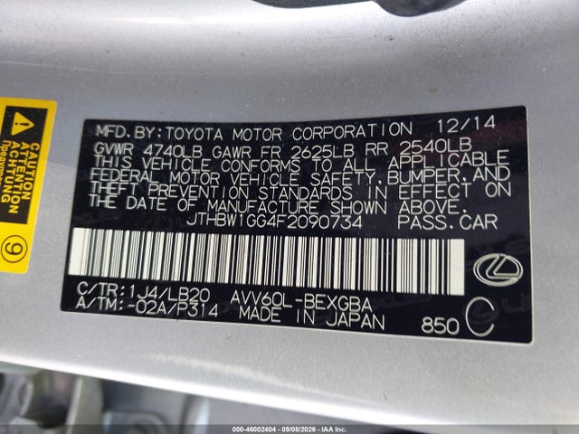 46002404 :رقم المزاد ، JTHBW1GG4F2090734 vin ، 2015 Lexus Es 300h مزاد بيع