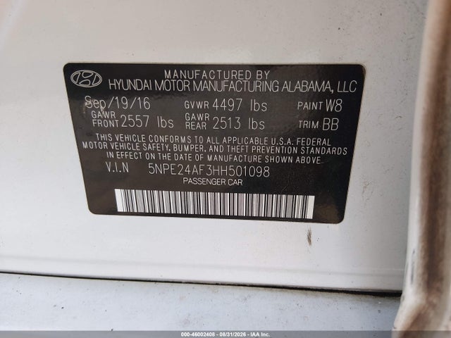 46002408 :رقم المزاد ، 5NPE24AF3HH501098 vin ، 2017 Hyundai Sonata Se مزاد بيع