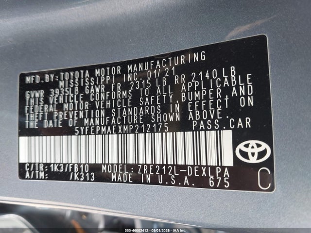 2021 Toyota Corolla Le მანქანა იყიდება აუქციონზე, vin: 5YFEPMAEXMP212175, აუქციონის ნომერი: 46002412