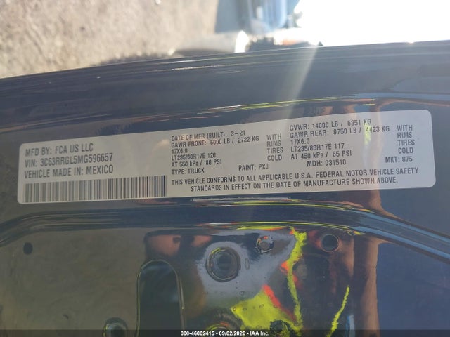 2021 Ram 3500 Tradesman  4x4 8' Box მანქანა იყიდება აუქციონზე, vin: 3C63RRGL5MG596657, აუქციონის ნომერი: 46002415