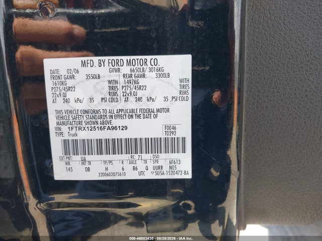 Aukcja sprzedaży 2006 Ford F-150 Lariat/xl/xlt, vin: 1FTRX12516FA96129, numer aukcji: 46002430