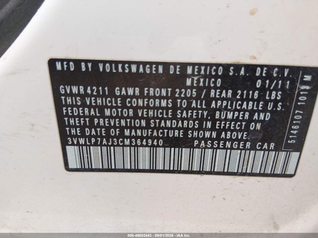 Продажа на аукционе авто 2012 Volkswagen Jetta 2.5l Sel, vin: 3VWLP7AJ3CM364940, номер лота: 46002443