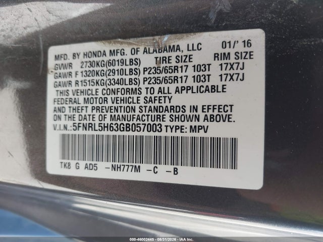 46002445 :رقم المزاد ، 5FNRL5H63GB057003 vin ، 2016 Honda Odyssey Ex-l مزاد بيع