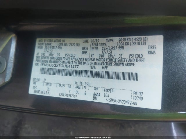46002450 :رقم المزاد ، 1FMCU0GX7GUB41277 vin ، 2016 Ford Escape Se مزاد بيع