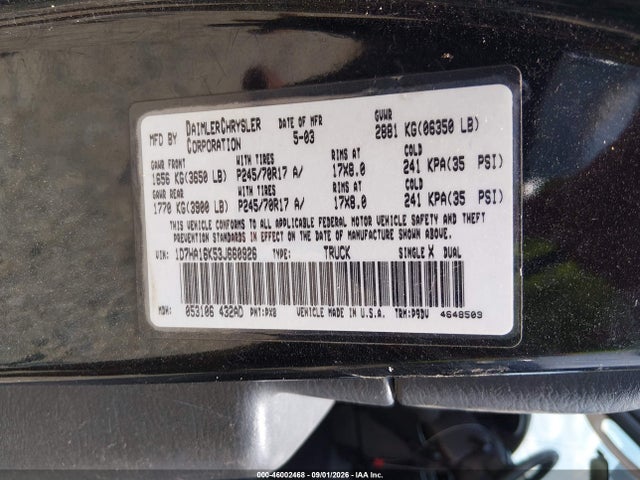 2003 Dodge Ram 1500 St მანქანა იყიდება აუქციონზე, vin: 1D7HA16K53J660926, აუქციონის ნომერი: 46002468