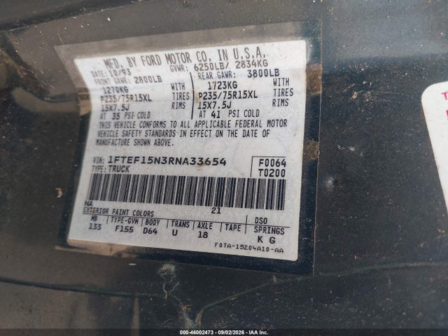 Aukcja sprzedaży 1994 Ford F150, vin: 1FTEF15N3RNA33654, numer aukcji: 46002473