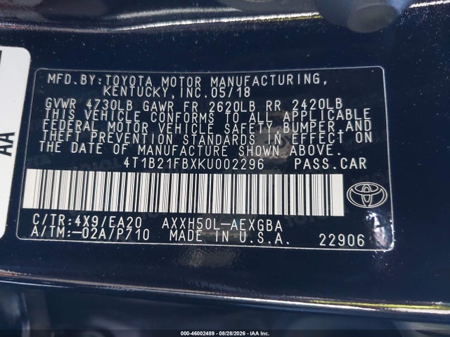 2019 Toyota Avalon Hybrid Xle მანქანა იყიდება აუქციონზე, vin: 4T1B21FBXKU002296, აუქციონის ნომერი: 46002489